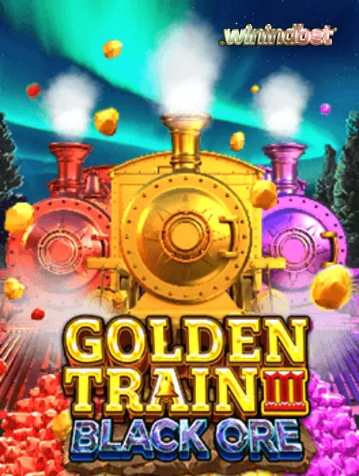 Tampilan visual slot Golden Train III: Black Ore dengan latar belakang ngarai dan kereta tambang